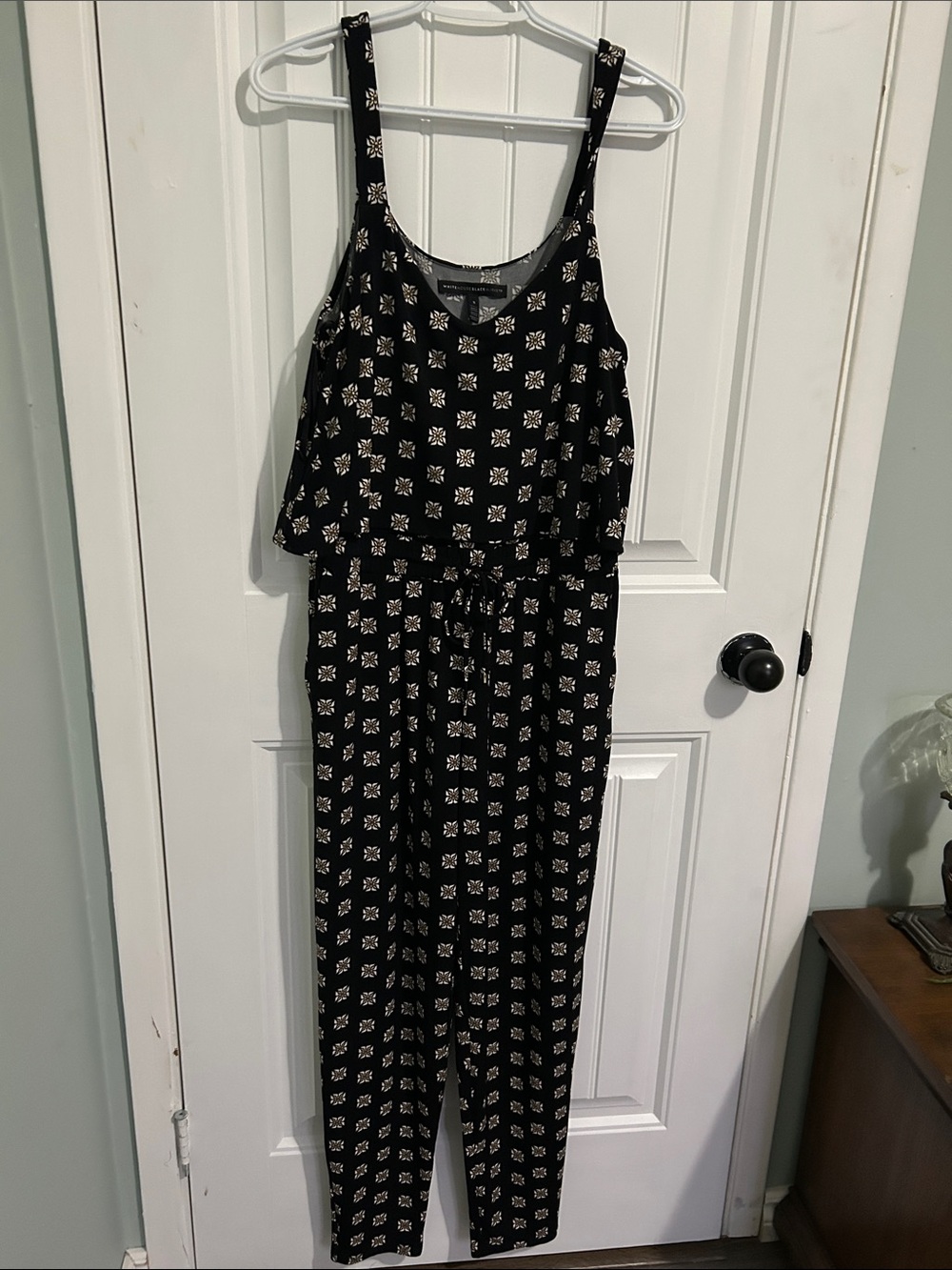 White House Black Market Black Jumpsuit with Cream Geometric Print
